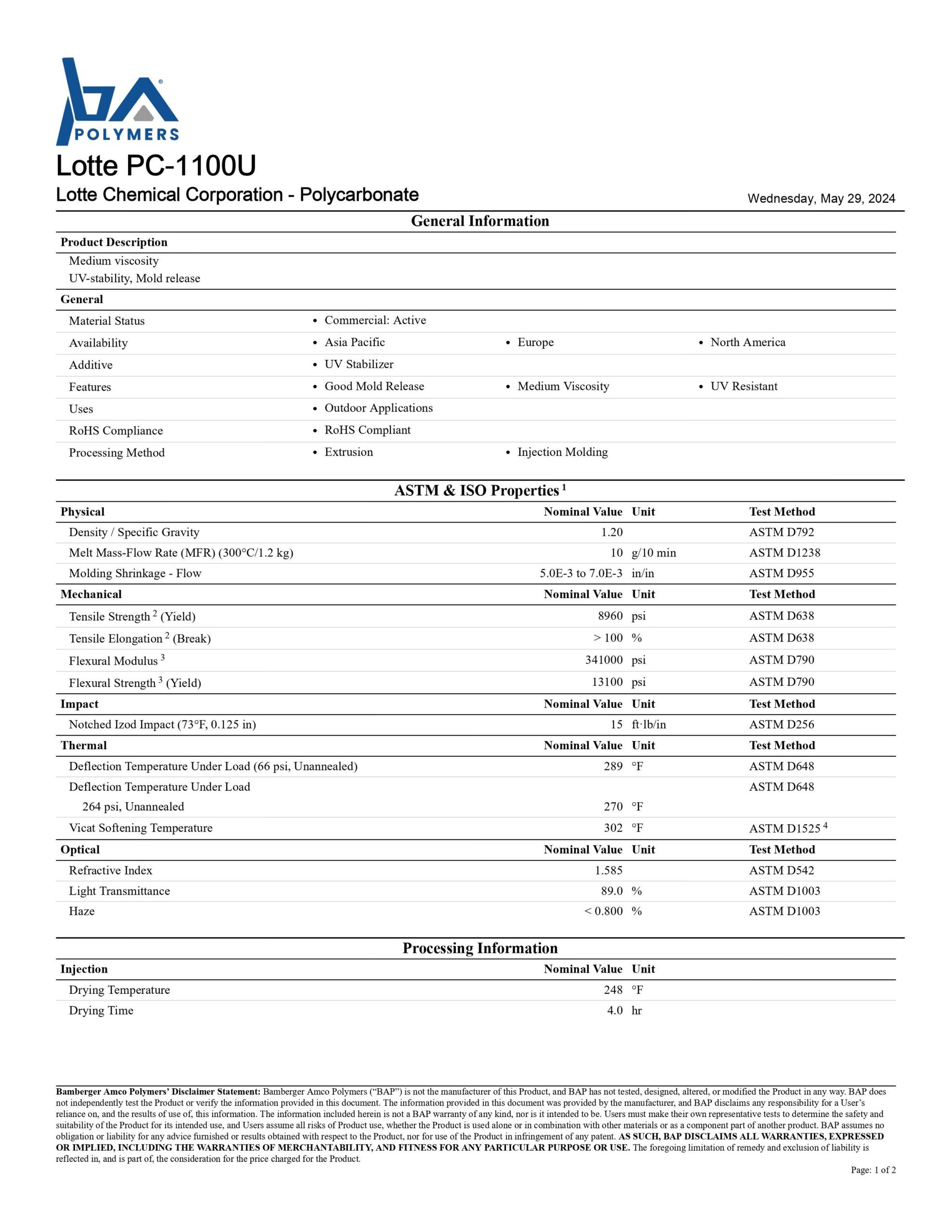 Nguyên Liệu Sản Xuất Tấm Nhựa Lấy Sáng Poly: So Sánh Chi Tiết Bayer, Sabic và Lotte 2024 Các thông số của Nhựa Lotte(Hàn Quốc) - Nguyên liệu sản xuất tấm nhựa lấy sáng polycarbonate
