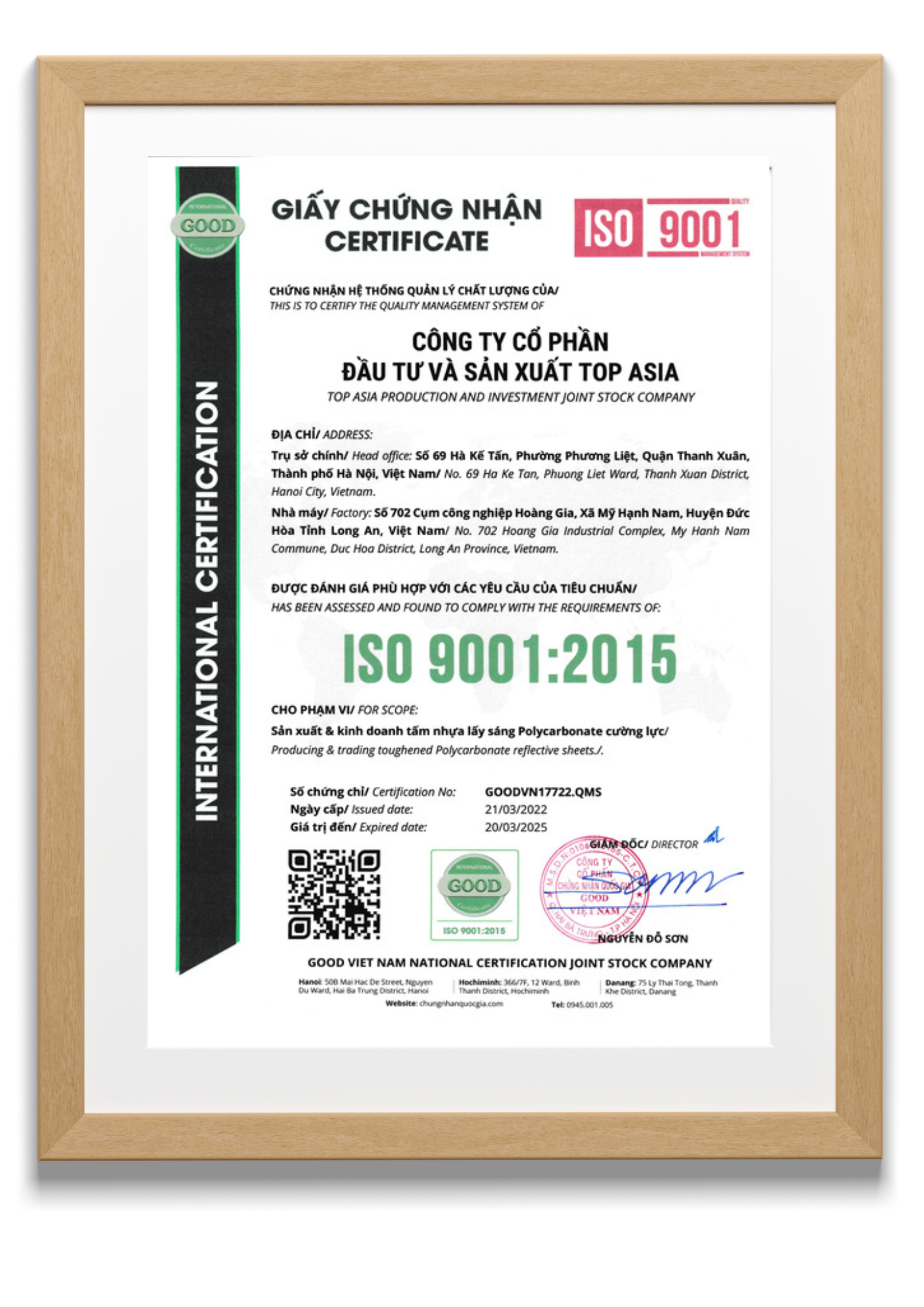 Nhà máy sản xuất tấm polycarbonate Top Asia KCN Hoàng Gia, Đức Hòa, Long An: Tiên phong công nghệ, dẫn đầu chất lượng Top Asia đạt chứng nhận ISO 9001:2015